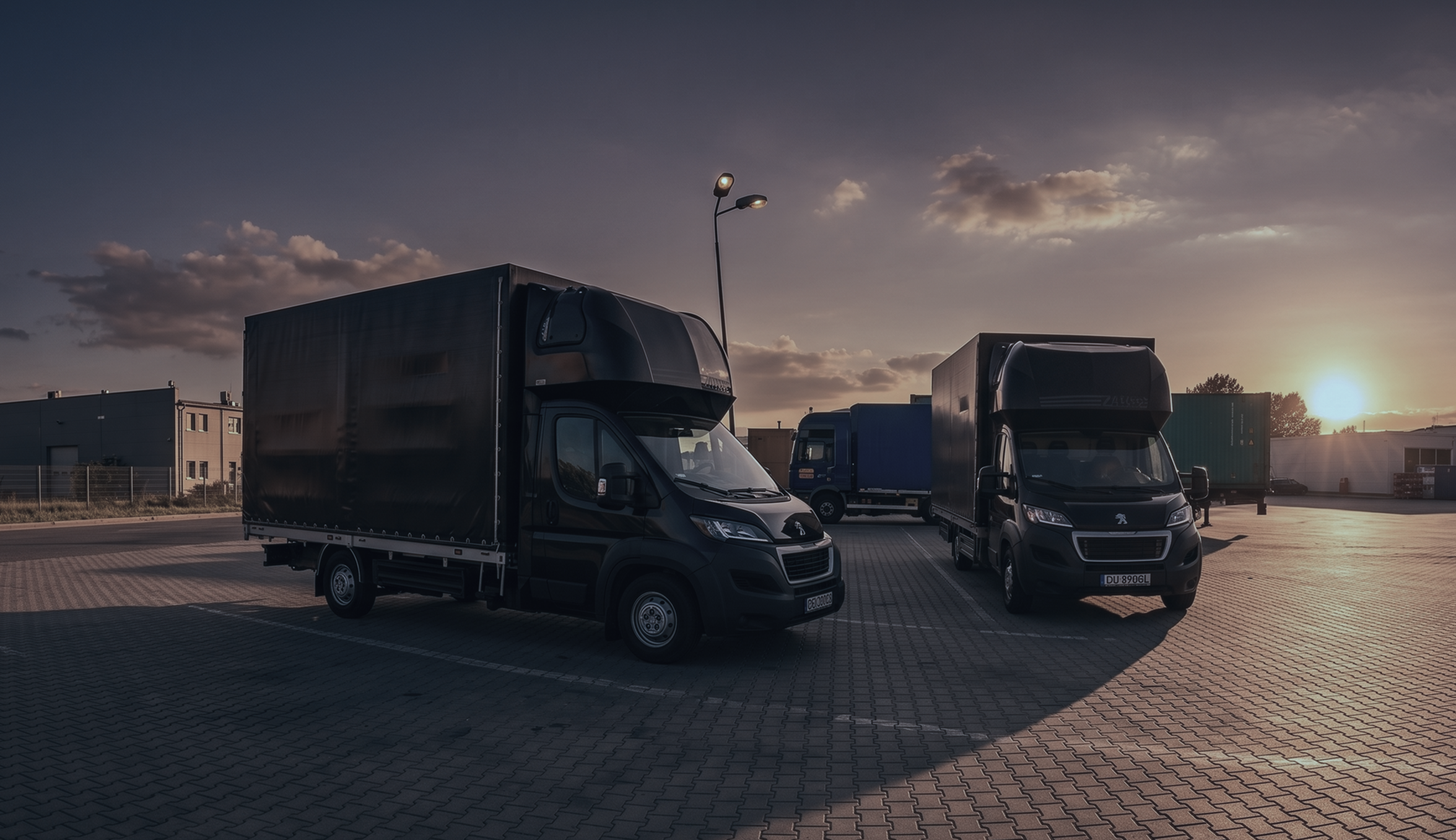 Ciężarówka z plandeką o zmierzchu